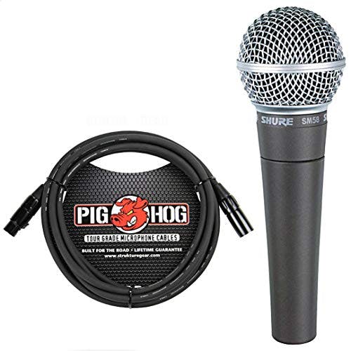 Imagen frontal de Shure SM58-LC Micrófono vocal dinámico cardioide con cable de micrófono XLR Pig Hog de 10 pies