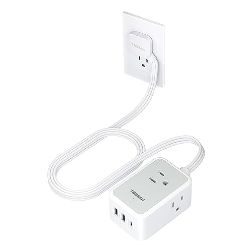 Imagen frontal de TESSAN - Extension Electrica Plano, Regleta Multicontacto USB C, Extensión Plana con 1.5M 3 Salidas CA y 3 Puertos USB(1 USB C Conector Multicontacto Pared para Casa, Oficina, Dormitorio, Crucero