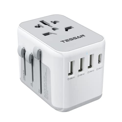 Imagen frontal de TESSAN Adaptador Universal de Viaje, Adaptador Europeo Enchufe con 4 Puertos USB (1 Cargador Tipo C), Europeo Adaptador de Corriente, Travel Essentials para Europa, Reino Unidos, Australia, Americano