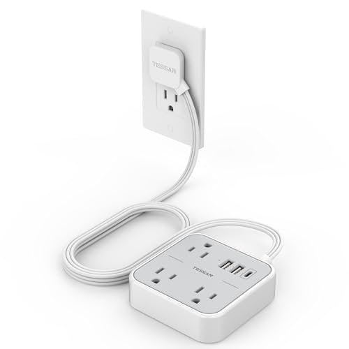 Imagen frontal de TESSAN Extension Electrica Plano, Regleta Multicontacto 3 USB, Extensión Plana para Pared 1.5M con 3 Salidas de CA Outlet Extender, Conector Multiple Enchufe Plano para Dorm, Casa, Oficina, Crucero