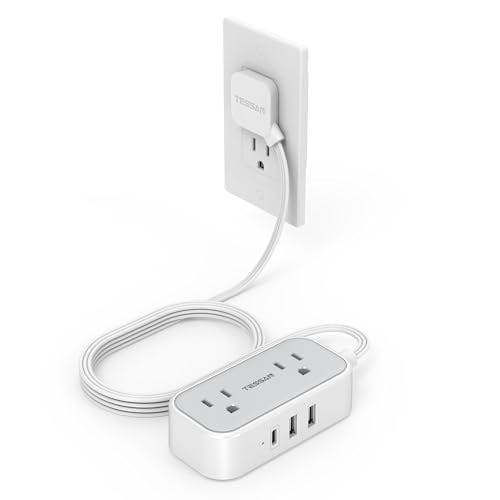 Imagen frontal de TESSAN Extension Electrica Regleta Multicontacto USB, Multiple Enchufe Plano con 5 Pies 2 Salidas CA y 3 Puertos USB, Extensión Multicontacto Pared Plana para Dormitorio, Casa, Oficina, Dorm, Crucero