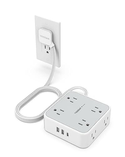 Imagen frontal de TESSAN Regleta Multicontacto Extension Electrica con Protector de Sobretensión, 1.5 M Plana Enchufe Extensión con 8 Salidas CA y 3 USB (1 USB C), Multiple Conector para Oficina Dorm Travel Essentials