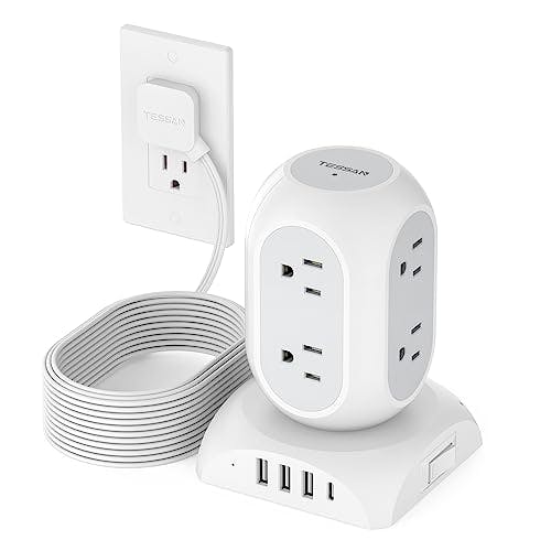 Imagen frontal de TESSAN Regleta Torre Multicontacto Protector de Sobretensión,Extension Electrica Enchufe Plano con 8 Salidas CA y 4 USB(1 USB C),10 Pies Extensión Plana Connector para Oficina Dorm Travel Essentials