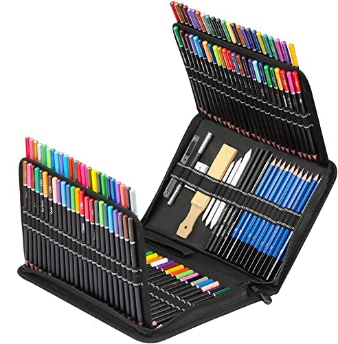 Imagen frontal de VAGALBOX Lápices de Dibujo 145 PCS,Sketch Kit Piezas de Boceto y Dibujo de Arte Kit,Lápiz de Colores para Artistas, Lápices de Arte Profesional con Estuche,Acuarela y Lápiz Metálico,Regalo Perfecto