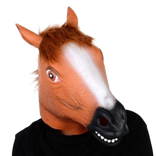 Imagen frontal de Voyiparty - Máscara de caballo espeluznante con cabeza de caballo café de goma de látex para Halloween, disfraz de fiesta, máscara de látex para Halloween, disfraz de animal, cosplay de cabeza completa para adultos