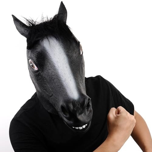 Imagen frontal de Voyiparty - Máscara de caballo espeluznante con cabeza de caballo negra de goma de látex para Halloween, disfraz de fiesta de Halloween, disfraz de animal de cosplay de cabeza completa para adultos