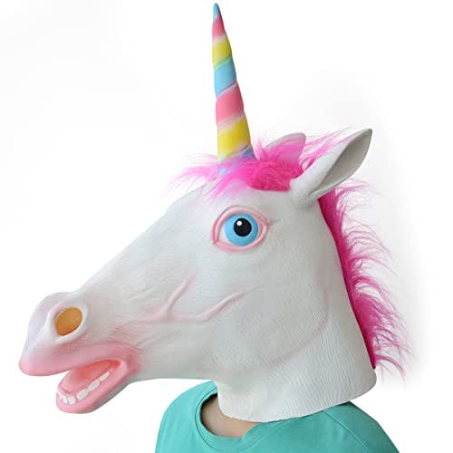 Imagen frontal de Voyiparty Máscara de unicornio de lujo para disfraz de Halloween, máscara de cabeza de caballo, máscara de látex para cabeza de animal (pelo rosa)