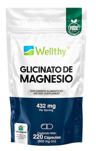 Imagen frontal de Wellthy Glicinato de Magnesio 220 Cápsulas 432mg. 100% Natural, Alta Absorción, Cápsulas Veganas, Bottle Free.