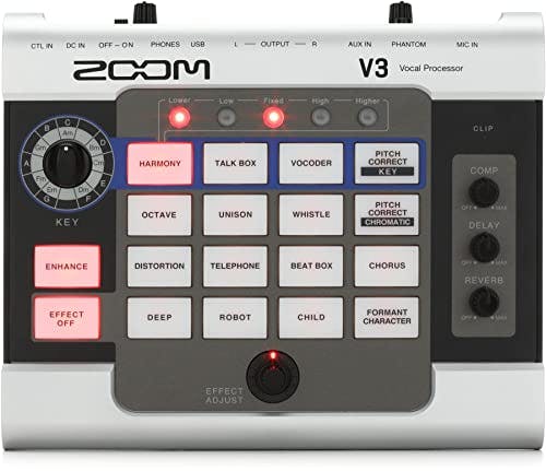 Imagen frontal de Zoom Procesador vocal V3, armonía, corrección de tono, reverberación, retardo, 16 efectos de grado de estudio, alimentado por batería, para transmisión, grabación y rendimiento en vivo