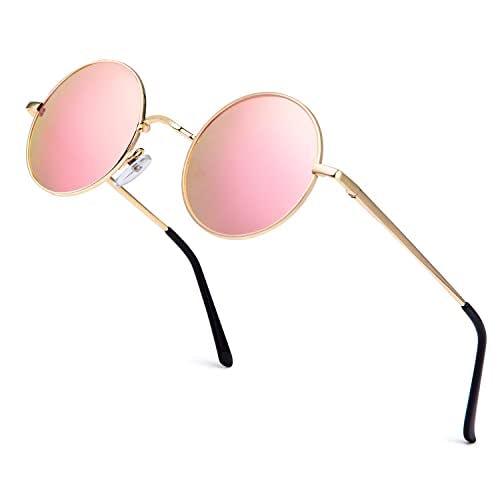Compara precios ANYLUV anteojos de sol redondas para hombres y mujeres, polarizadas, hippie, redondas, pequeñas anteojos de sol circulares, marco de metal con protección UV, A05-dorado Rim Pink Lens, Medium