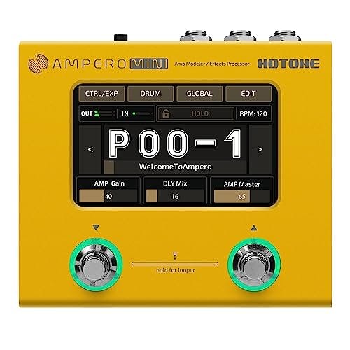 Hotone Ampero Mini MP-50 - Amplificador de bajo guitarra para modelado IR gabinetes de simulación multiidioma multiefectos con pedal de expresión estéreo OTG interfaz de audio USB (MARIGOLD)