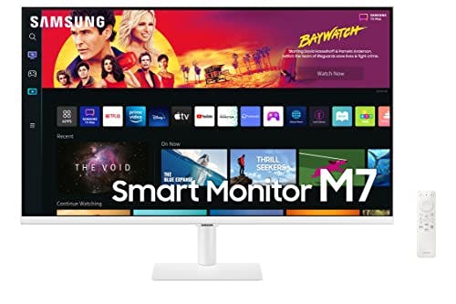 SAMSUNG 32" M70B Series 4K UHD USB-C Smart Monitor & Streaming TV, 4ms, 60Hz, HDR10, Wireless Display, Slimfit Camera, Gaming and IoT Hubs, Alexa Built in, 2022, LS32BM703UNXZA, White