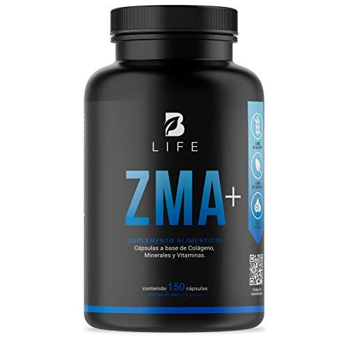 Suplemento a base de Colágeno Hidrolizado, Zinc, Magnesio, Vitamina C, Vitamina B6 y Calcio. 150 Cápsulas. Ingredientes naturales. ZMA Plus B Life.