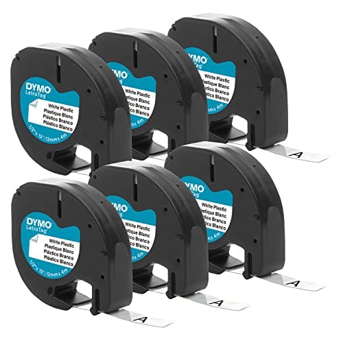 DYMO Auténtica cinta de etiquetado de plástico LT para etiquetadoras LetraTag, 12 mm, impresión negra sobre cinta blanca, paquete de 6