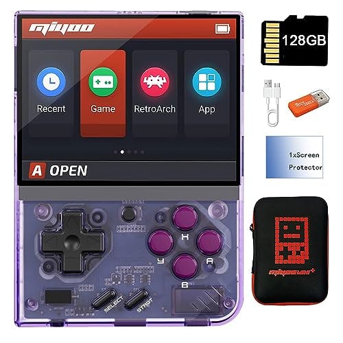Compara precios Miyoo Mini Plus Consola de juegos de mano de 3.5 pulgadas, sistema clásico, consolas de videojuegos retro, portátil, recargable, de mano, 128 g con funda (púrpura)