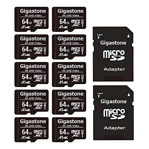 Gigastone 64GB Tarjeta de Memoria Micro SD, Paquete de 10, Vídeo 4K UHD, Cámara de Vigilancia y Seguridad, Cámara de Acción, Drone Profesional, 90MB/s Micro SDHC UHS-I U1 A1 Clase 10