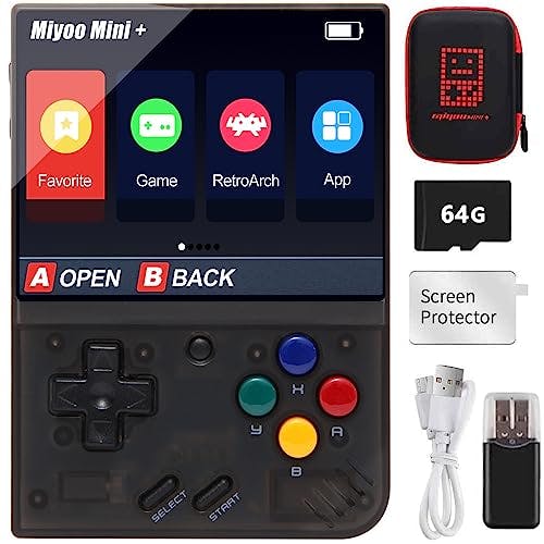 Compara precios Cawevon Miyoo Mini Plus - Consola de juegos de mano, tarjeta TF de 64 G con 7000 juegos clásicos, arcade con visualización de 3.5 pulgadas, compatible con WiFi Hotspot Mode Matchmaking (negro, 64G)