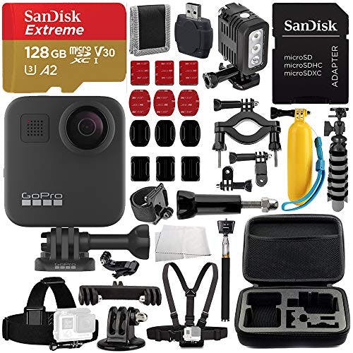 Compara precios GoPro MAX 360 Action Camera Deluxe Paquete incluye: SanDisk Extreme Tarjeta de memoria microSDXC de 128 GB + luz LED subacuática + funda de transporte y más
