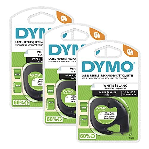 DYMO LT Etiquetas de papel para etiquetadoras LetraTag, impresión negra en etiquetas blancas, rollos de 1/2 pulgada x 23 pies, 3 unidades